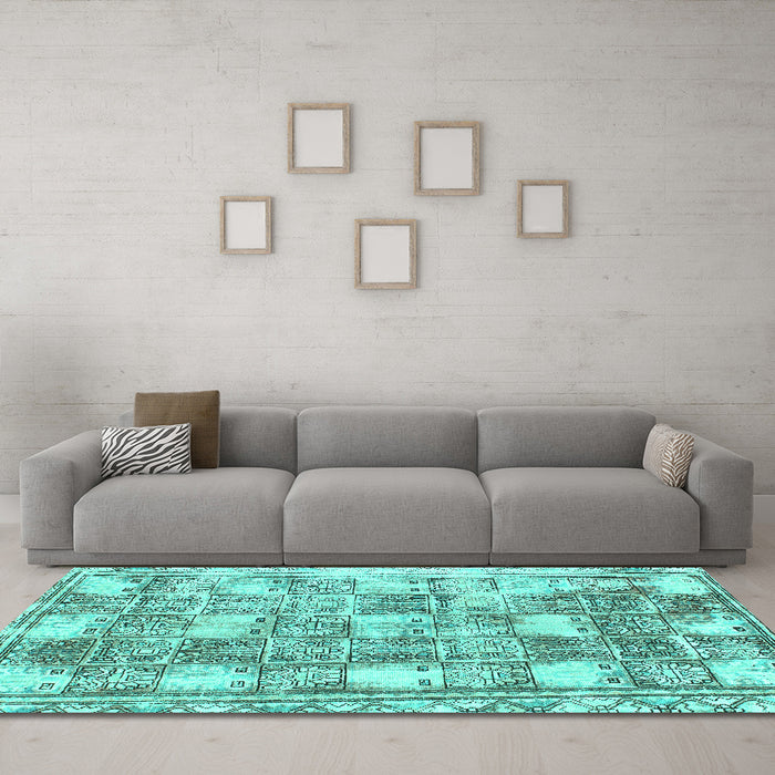 Machine Washable Abstract Turquoise Modern Area Rugs in a Living Room,, wshabs1142turq