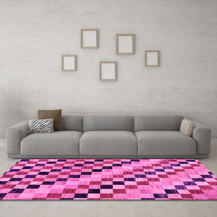 Machine Washable Checkered Pink Modern Rug in a Living Room, wshabs114pnk