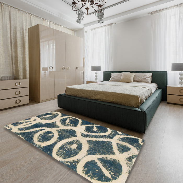 Machine Washable Abstract Blue Moss Green Rug in a Bedroom, wshabs1151