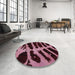 Round Machine Washable Abstract Dark Pink Rug in a Office, wshabs1154