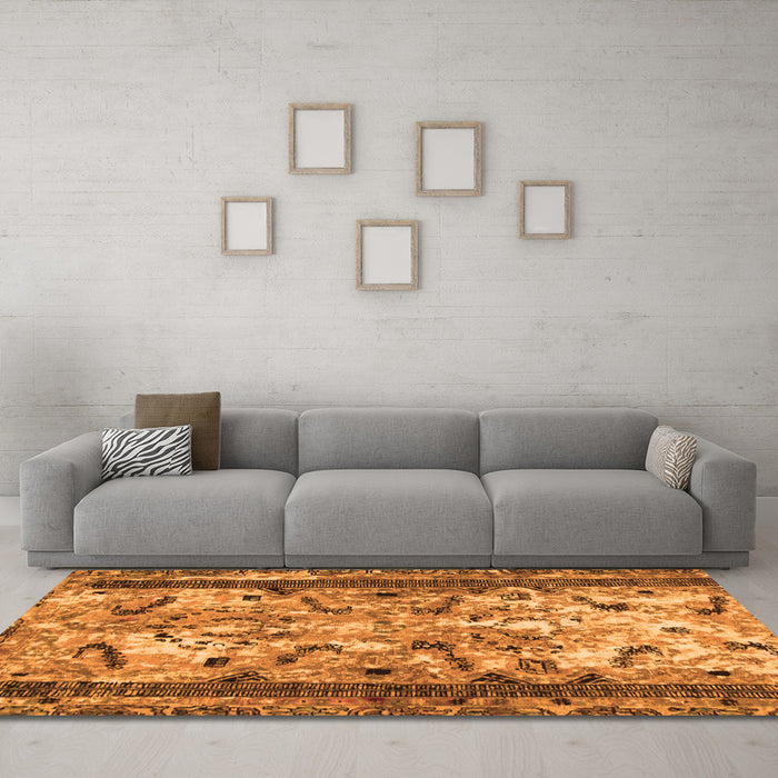 Machine Washable Abstract Orange Modern Area Rugs in a Living Room, wshabs1155org