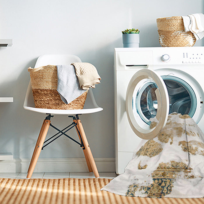 Machine Washable Abstract Off White Beige Rug in a Washing Machine, wshabs1159