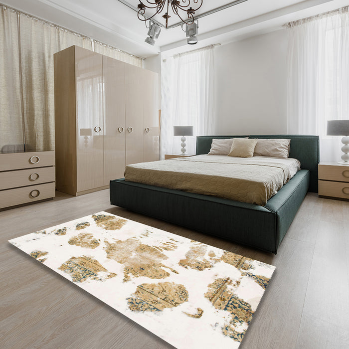 Machine Washable Abstract Off White Beige Rug in a Bedroom, wshabs1159