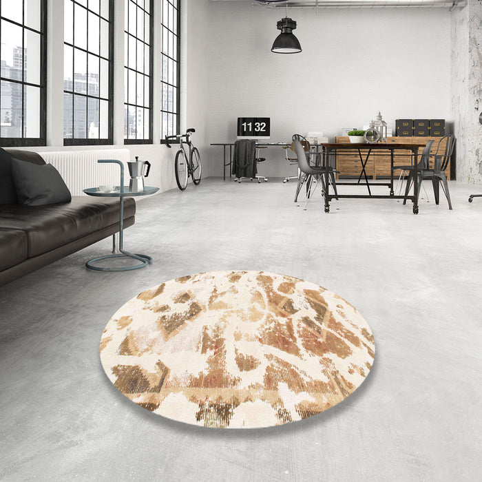 Round Machine Washable Abstract Blanched Almond Beige Rug in a Office, wshabs1160