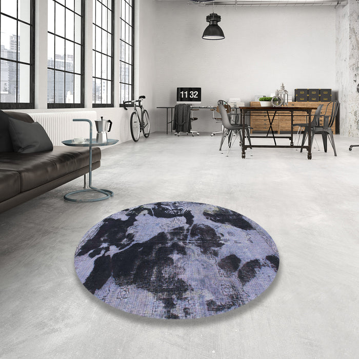 Round Machine Washable Abstract Blue Gray Rug in a Office, wshabs1165