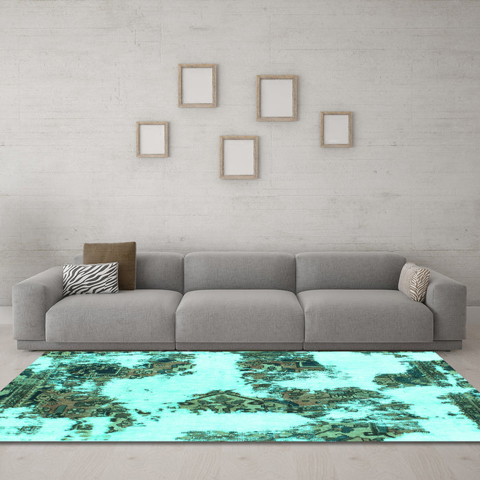 Machine Washable Abstract Turquoise Modern Area Rugs in a Living Room,, wshabs1169turq