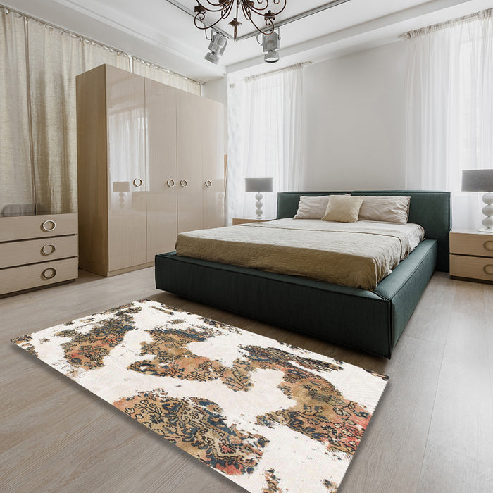 Machine Washable Abstract White Chocolate Beige Rug in a Bedroom, wshabs1171
