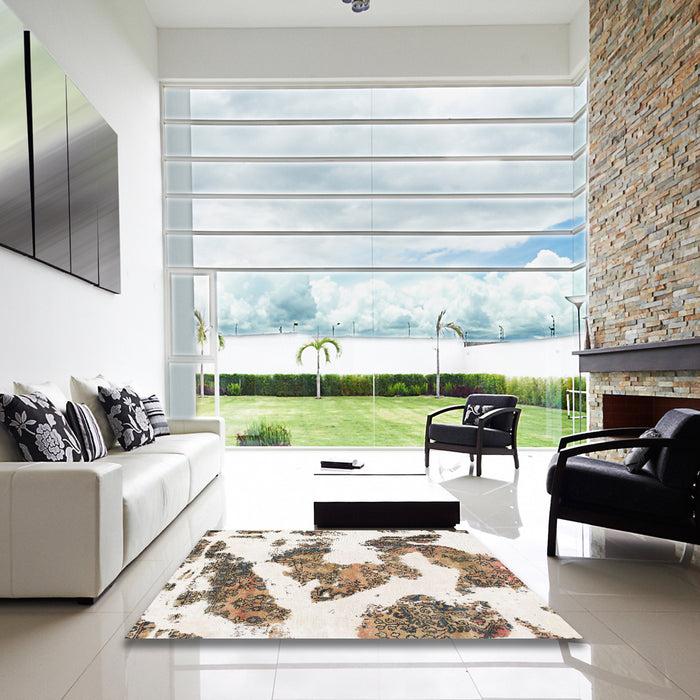 Square Machine Washable Abstract White Chocolate Beige Rug in a Living Room, wshabs1171