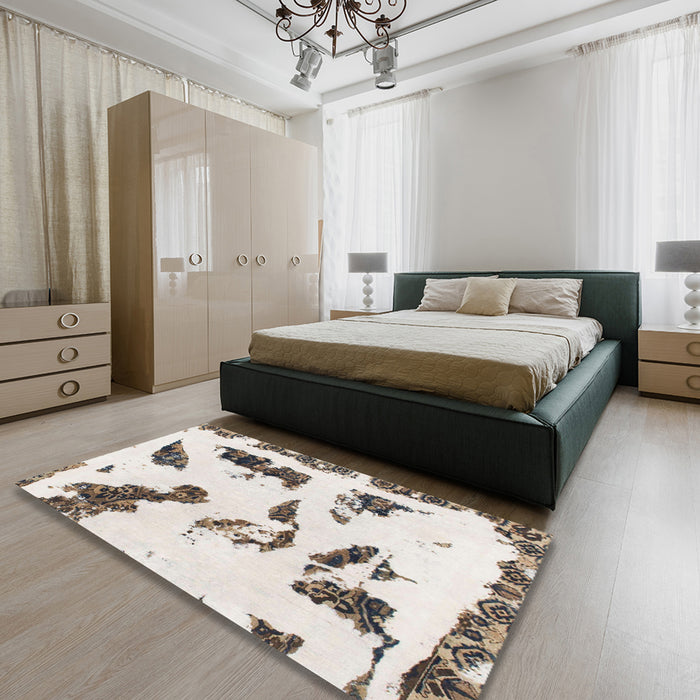 Square Abstract White Chocolate Beige Modern Rug in a Living Room, abs1172