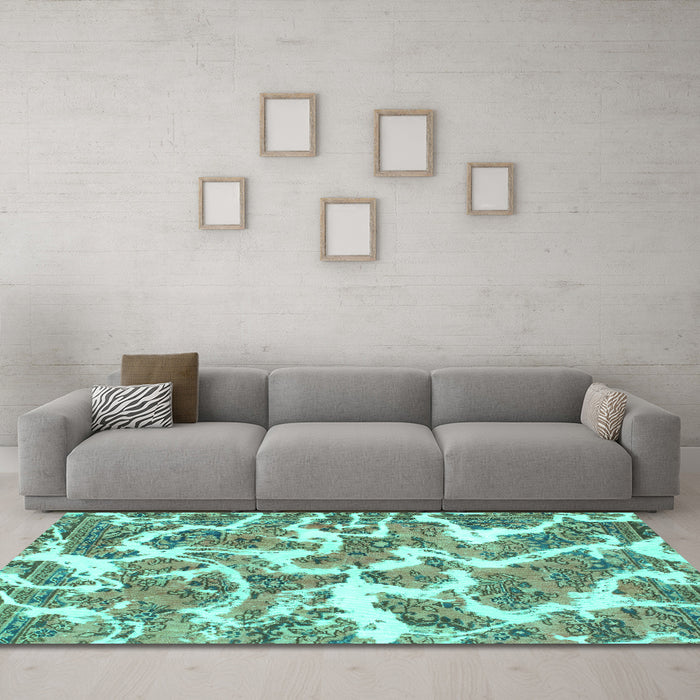 Machine Washable Abstract Turquoise Modern Area Rugs in a Living Room,, wshabs1173turq
