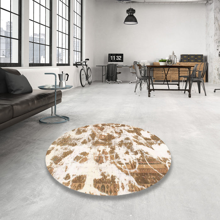 Round Machine Washable Abstract Gold Rug in a Office, wshabs1178