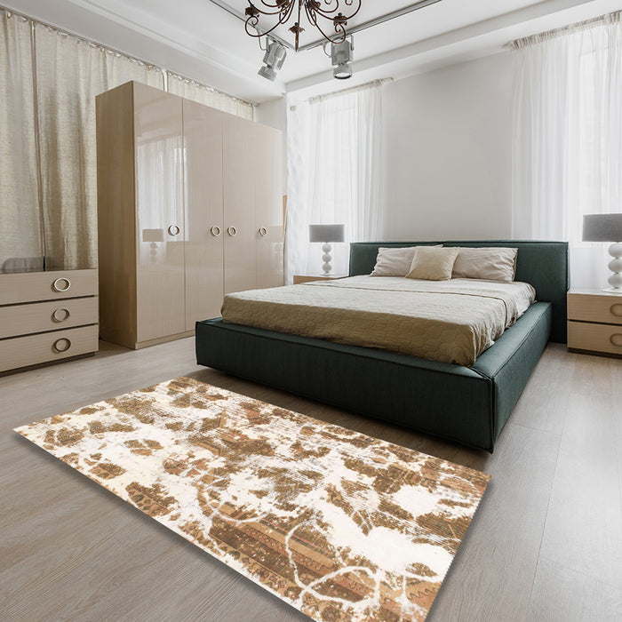 Machine Washable Abstract Gold Rug in a Bedroom, wshabs1178