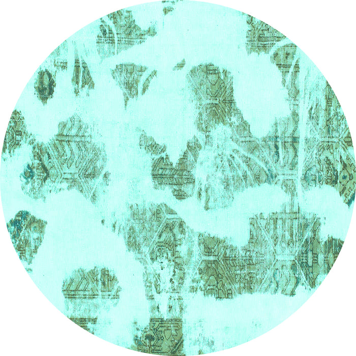 Round Machine Washable Oriental Turquoise Modern Area Rugs, wshabs1180turq