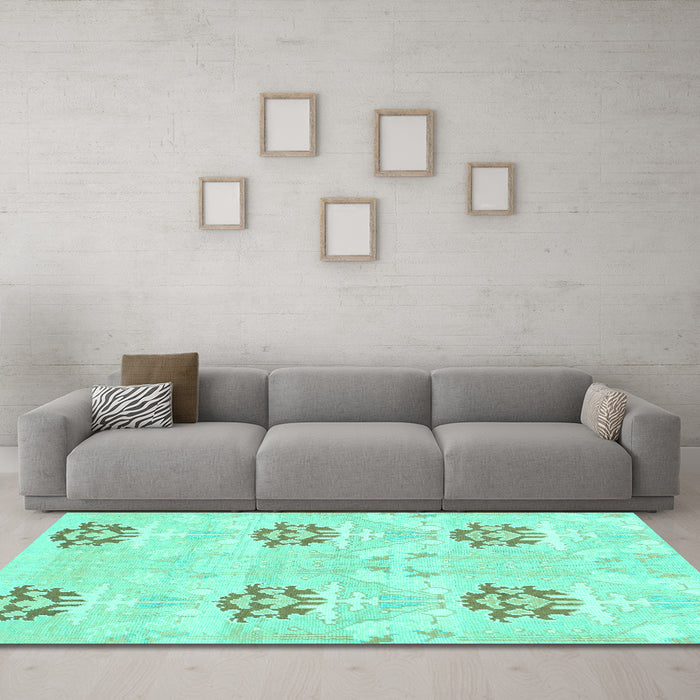 Machine Washable Oriental Turquoise Modern Area Rugs in a Living Room,, wshabs1181turq