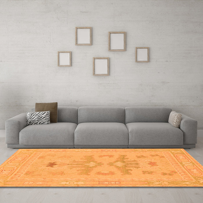 Machine Washable Abstract Orange Modern Area Rugs in a Living Room, wshabs1182org