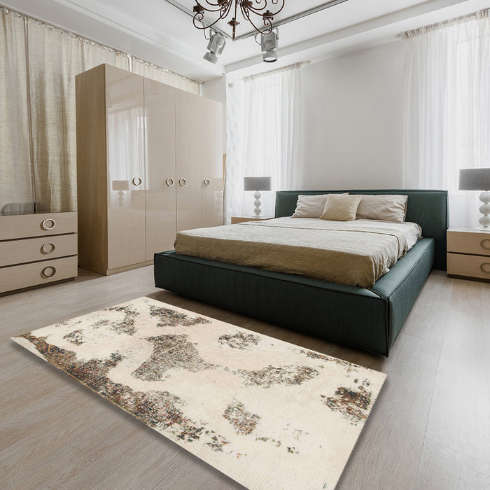 Square Abstract Wheat Beige Modern Rug in a Living Room, abs1186