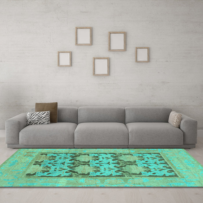 Machine Washable Oriental Turquoise Traditional Area Rugs in a Living Room,, wshabs1196turq