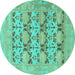 Round Machine Washable Oriental Turquoise Traditional Area Rugs, wshabs1198turq