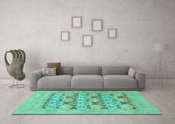 Machine Washable Oriental Turquoise Traditional Area Rugs in a Living Room,, wshabs1198turq