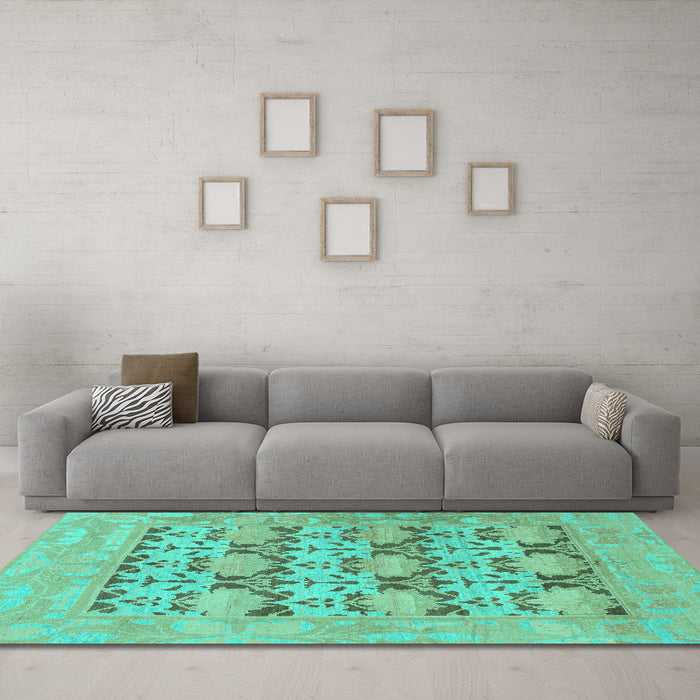 Machine Washable Oriental Turquoise Traditional Area Rugs in a Living Room,, wshabs1198turq