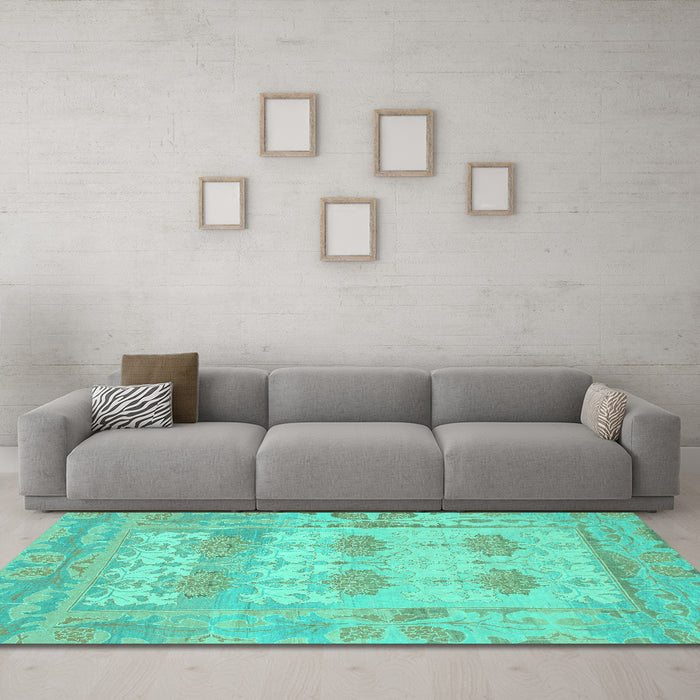 Machine Washable Oriental Turquoise Traditional Area Rugs in a Living Room,, wshabs1201turq