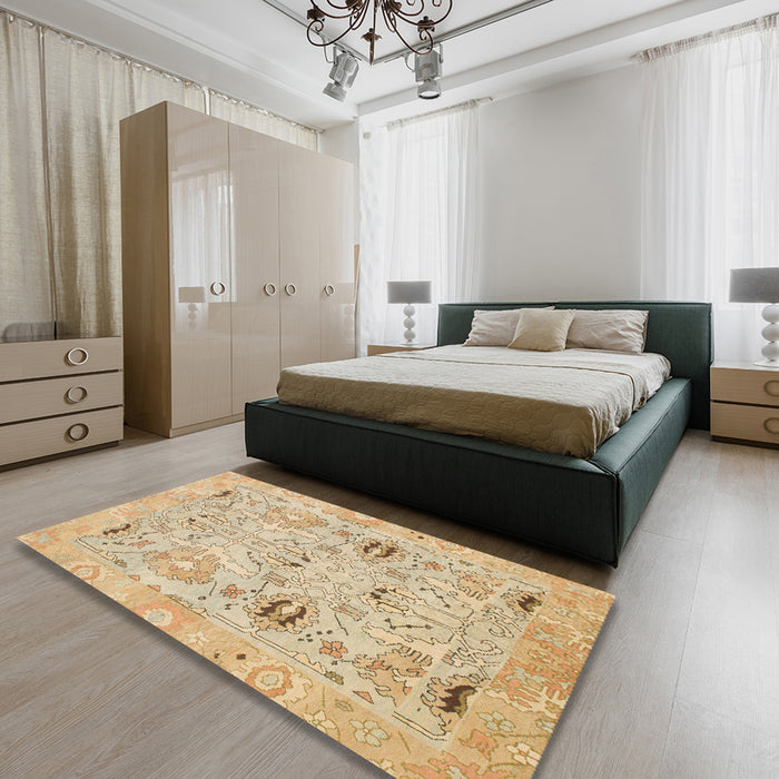 Abstract Gold Oriental Rug in a Bedroom, abs1202
