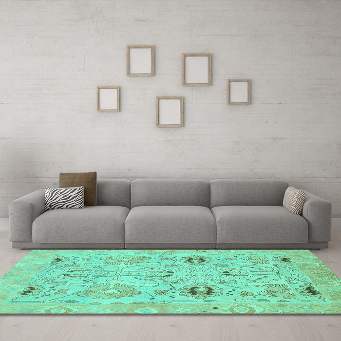 Machine Washable Oriental Turquoise Traditional Area Rugs in a Living Room,, wshabs1202turq