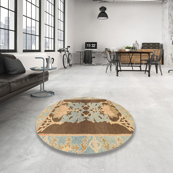 Round Machine Washable Abstract Light Brown Rug in a Office, wshabs1203