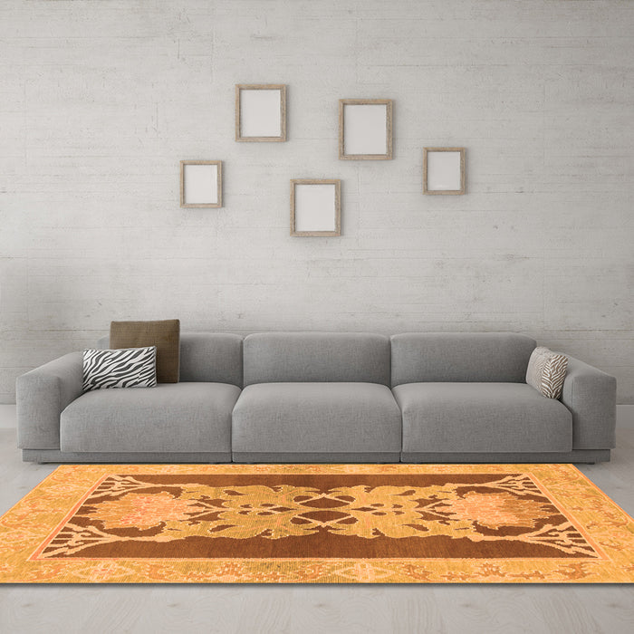 Machine Washable Abstract Orange Modern Area Rugs in a Living Room, wshabs1203org