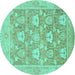 Round Machine Washable Oriental Turquoise Traditional Area Rugs, wshabs1205turq