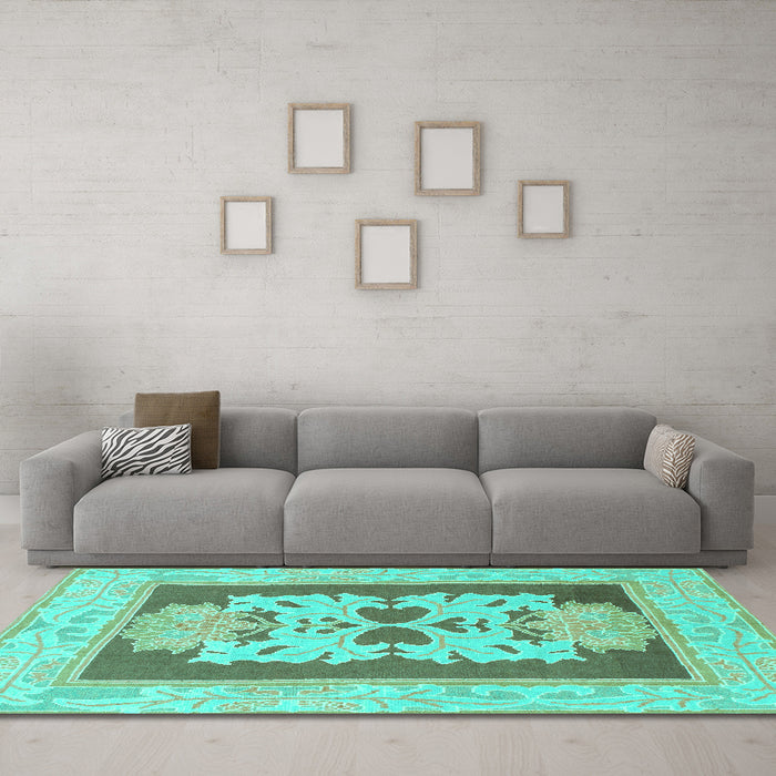 Machine Washable Abstract Turquoise Modern Area Rugs in a Living Room,, wshabs1207turq