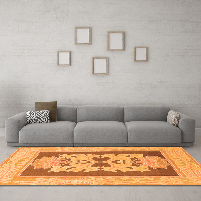 Machine Washable Abstract Orange Modern Area Rugs in a Living Room, wshabs1207org