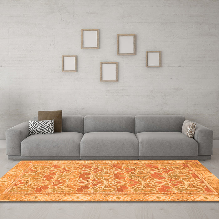 Machine Washable Abstract Orange Modern Area Rugs in a Living Room, wshabs1210org