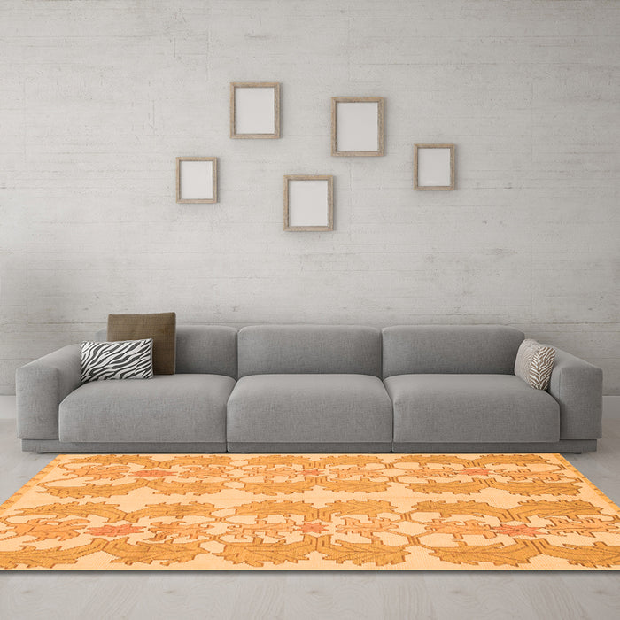 Machine Washable Abstract Orange Modern Area Rugs in a Living Room, wshabs1216org