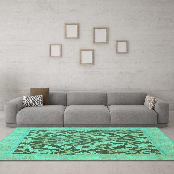 Machine Washable Abstract Turquoise Modern Area Rugs in a Living Room,, wshabs1217turq