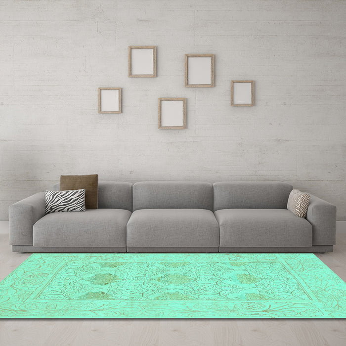 Machine Washable Oriental Turquoise Traditional Area Rugs in a Living Room,, wshabs1222turq