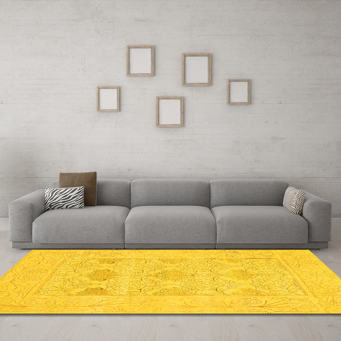 Machine Washable Oriental Yellow Traditional Rug in a Living Room, wshabs1222yw