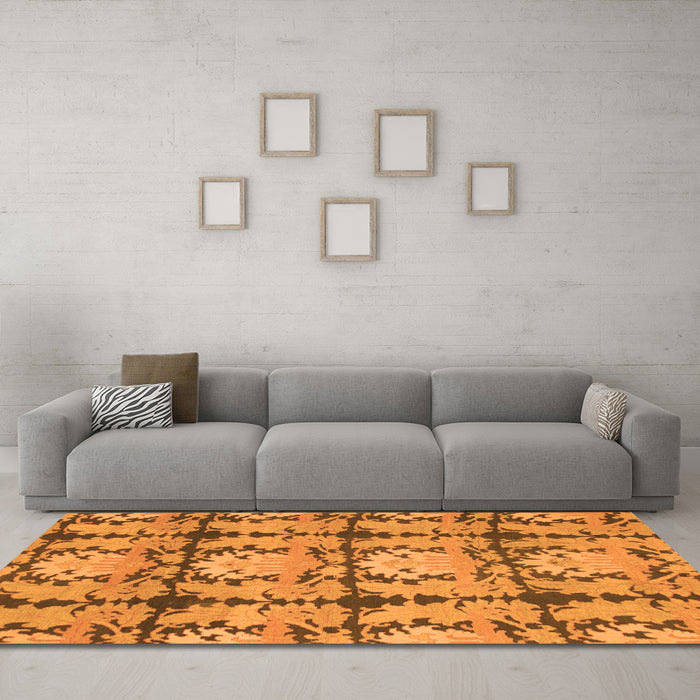Machine Washable Abstract Orange Modern Area Rugs in a Living Room, wshabs1229org