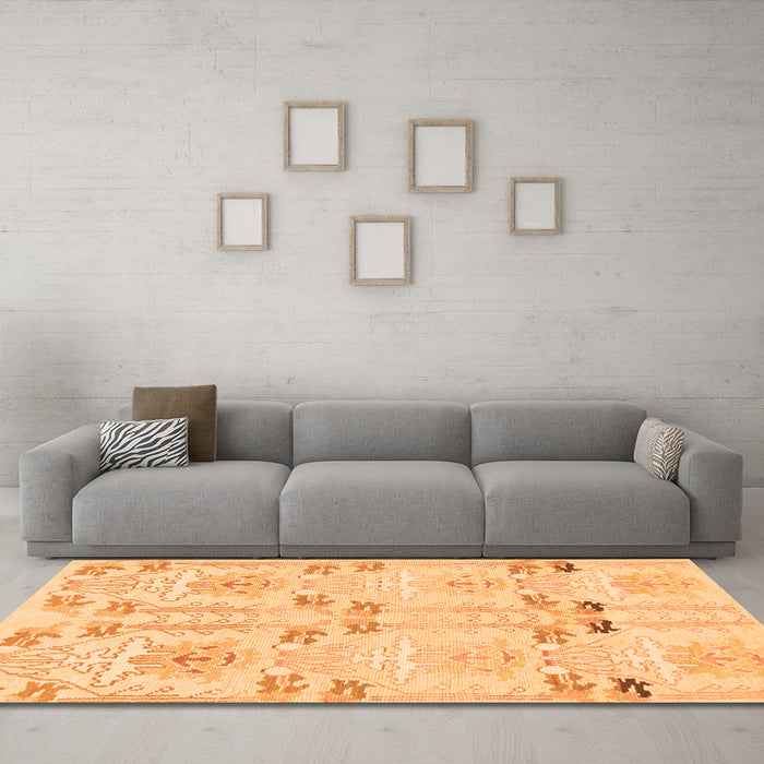 Machine Washable Abstract Orange Modern Area Rugs in a Living Room, wshabs1233org