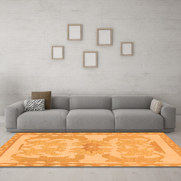 Machine Washable Abstract Orange Modern Area Rugs in a Living Room, wshabs1234org