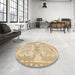 Round Machine Washable Abstract Metallic Gold Rug in a Office, wshabs1234