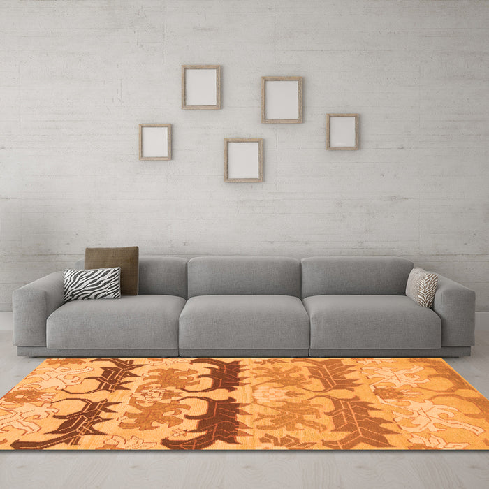 Machine Washable Abstract Orange Modern Area Rugs in a Living Room, wshabs1238org