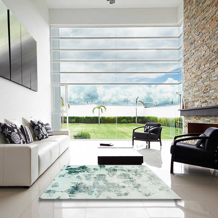 Square Abstract Dark Sea Green Modern Rug in a Living Room, abs1248