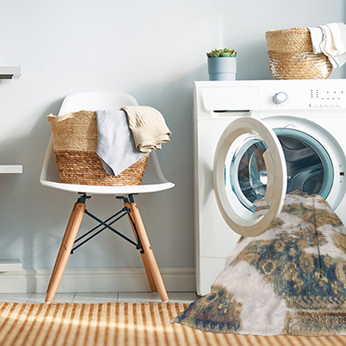 Machine Washable Abstract Dark Almond Brown Rug in a Washing Machine, wshabs1249