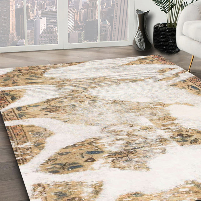 Machine Washable Abstract Champagne Beige Rug in a Family Room, wshabs1251