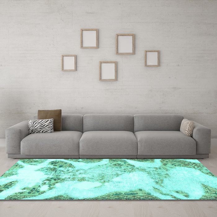 Machine Washable Abstract Turquoise Modern Area Rugs in a Living Room,, wshabs1251turq