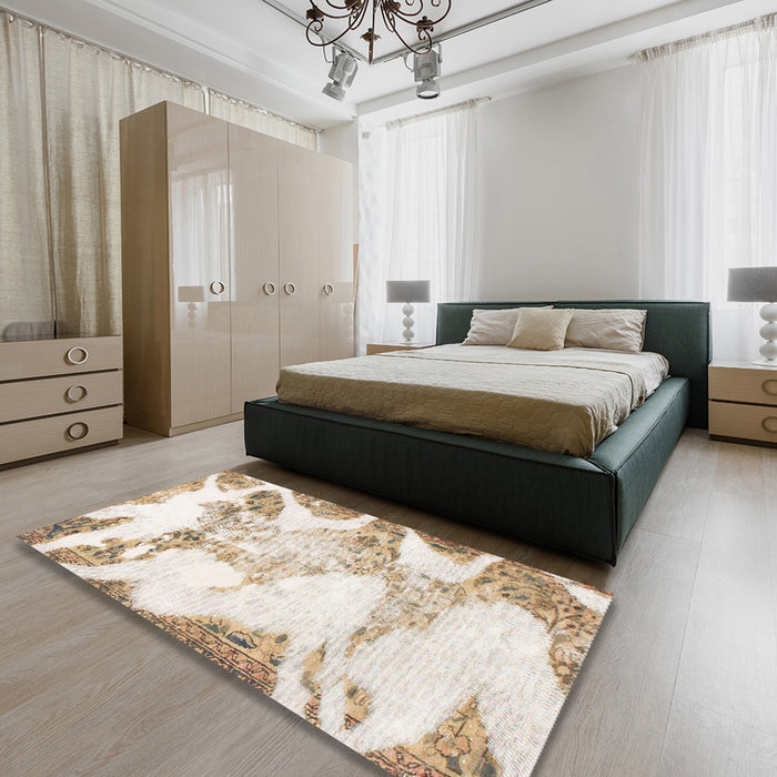 Abstract Champagne Beige Modern Rug in a Bedroom, abs1251