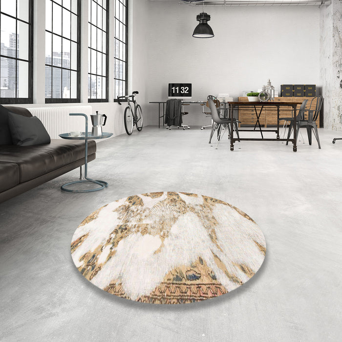 Round Abstract Champagne Beige Modern Rug in a Office, abs1251