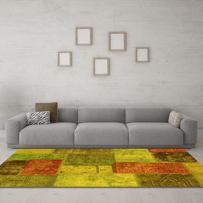 Machine Washable Patchwork Yellow Transitional Rug in a Living Room, wshabs1255yw