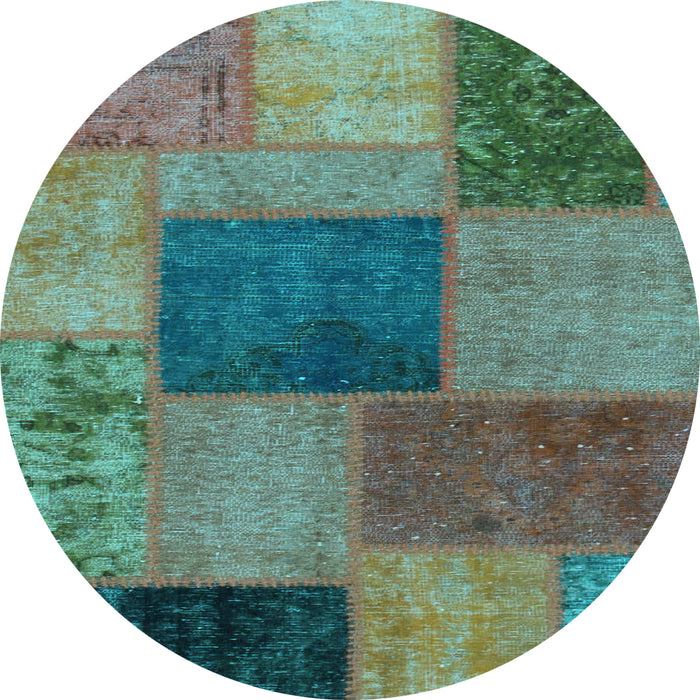 Round Machine Washable Patchwork Light Blue Transitional Rug, wshabs1256lblu